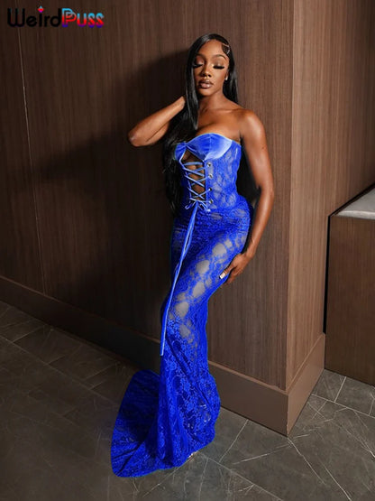 Weird Puss Sexy Party Dress Women Mesh Patchwork Strapless Shirring Hollow Coquette Banquet Elegant Summer Trend Maxi Bodycon