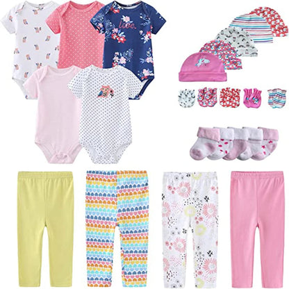 24Pieces Newborn Baby Rompers+Pants+Mittens+Hats+Socks Set 100%cotton Print Unisex Baby Girl Boy Clothes Sets