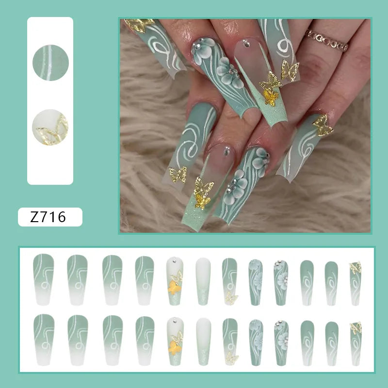 24pcs Artifical Fake Nails Long Coffin French Ballerina Wearable False Nail Tips Finished Rhinstones Flower Design Press on Nail