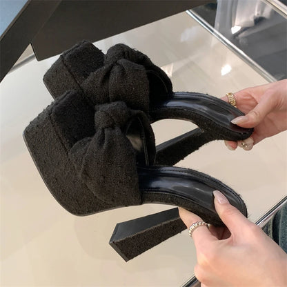 Chunky Platform Woman Slippers Butterfly-knot Open Toe Sandals Extreme High Heels