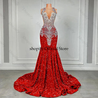 Sparkly Red Sequin Mermaid Luxury Silver Crystal Beaded Sheer Neck Long Prom Gowns