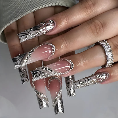 Luxury Ladies 24Pcs/Set Super Long Square French Leopard Print Pink Bow Heart Decoration Wearable Fake Nail  Press on Nail Art