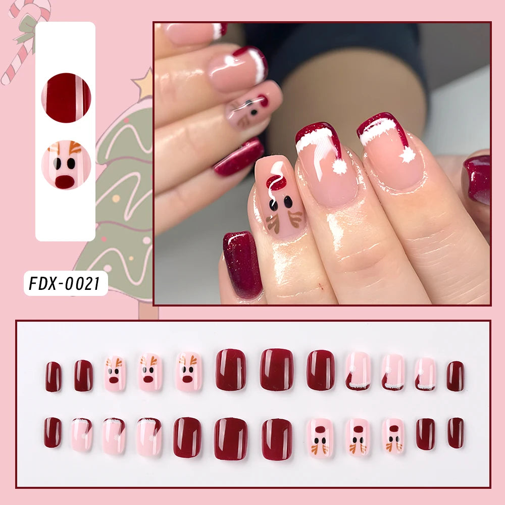 24pcs Glossy Short Ballet Fake Nails Christmas Red Press On Nails With White Snowflake Stripe Design Glitter French False Nails*