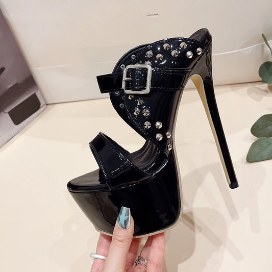 Aneikeh Sexy Fashion 16CM High Heeled Thick Platform Mules Sandal Rivet Buckle Strap Cross