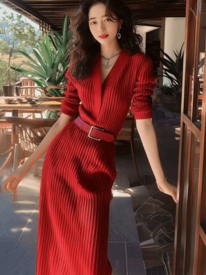 Red Knitted Sweater Dresses for Women V-Neck Long Sleeve Belted Night Club Party Dress Autumn