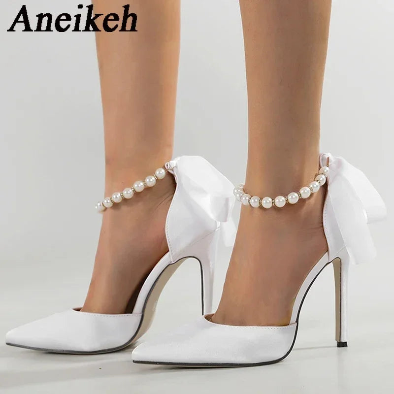Aneikeh Fashion White String Bead Pointed Bead Strap Sandals Ankle Strap