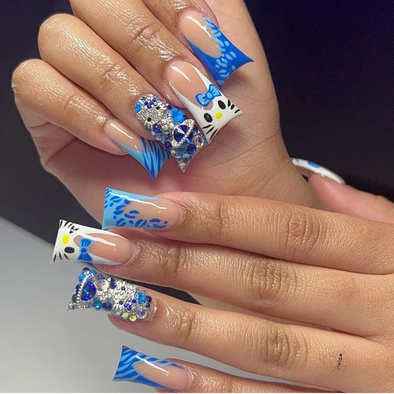 Y2K duck Press on Nails 24pcs Hellokitty Design Blue Rhinestone Decor Acrylic French Tips