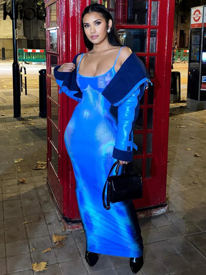 Shiny Print Maxi Dress Women Sexy Hipster Sleeveless Body-shaping Dress