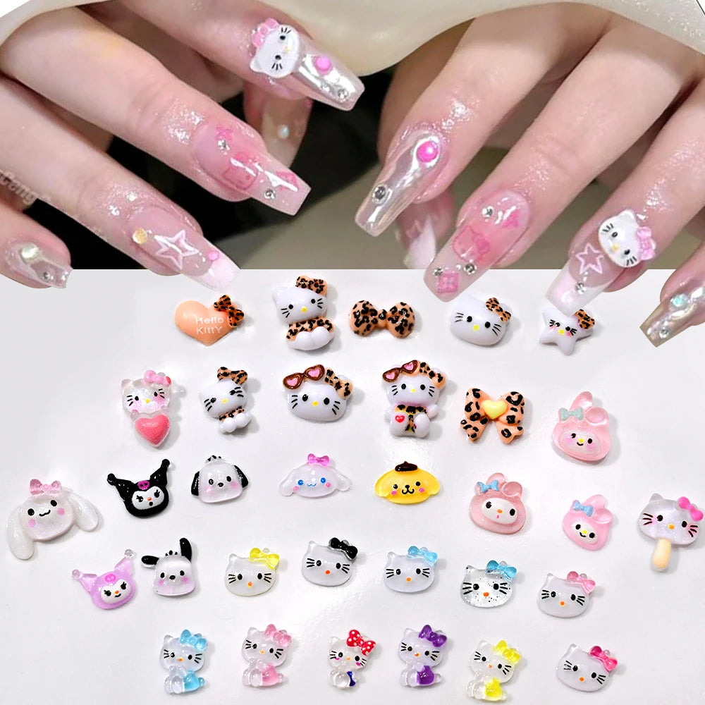 500pcs Cute Sanrio Nail Art Charms 3D Pink Bow Hello Kitty Cinnamoroll Nail Decoration