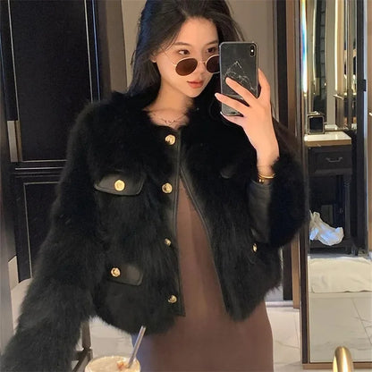 Autumn Winter Short Faux Fur Ladies Coat Round Neck Long Sleeves Fur