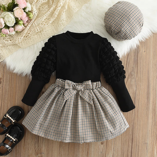 Autumn New Children's Round Neck Top+Bow Plaid Short Skirt+Hat Three Piece Children's Fashion Set