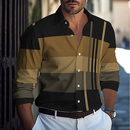 Striped Men's Business Casual 3D Printed shirt Spring/Summer lapel long sleeve Comfortable and elegant garment top
