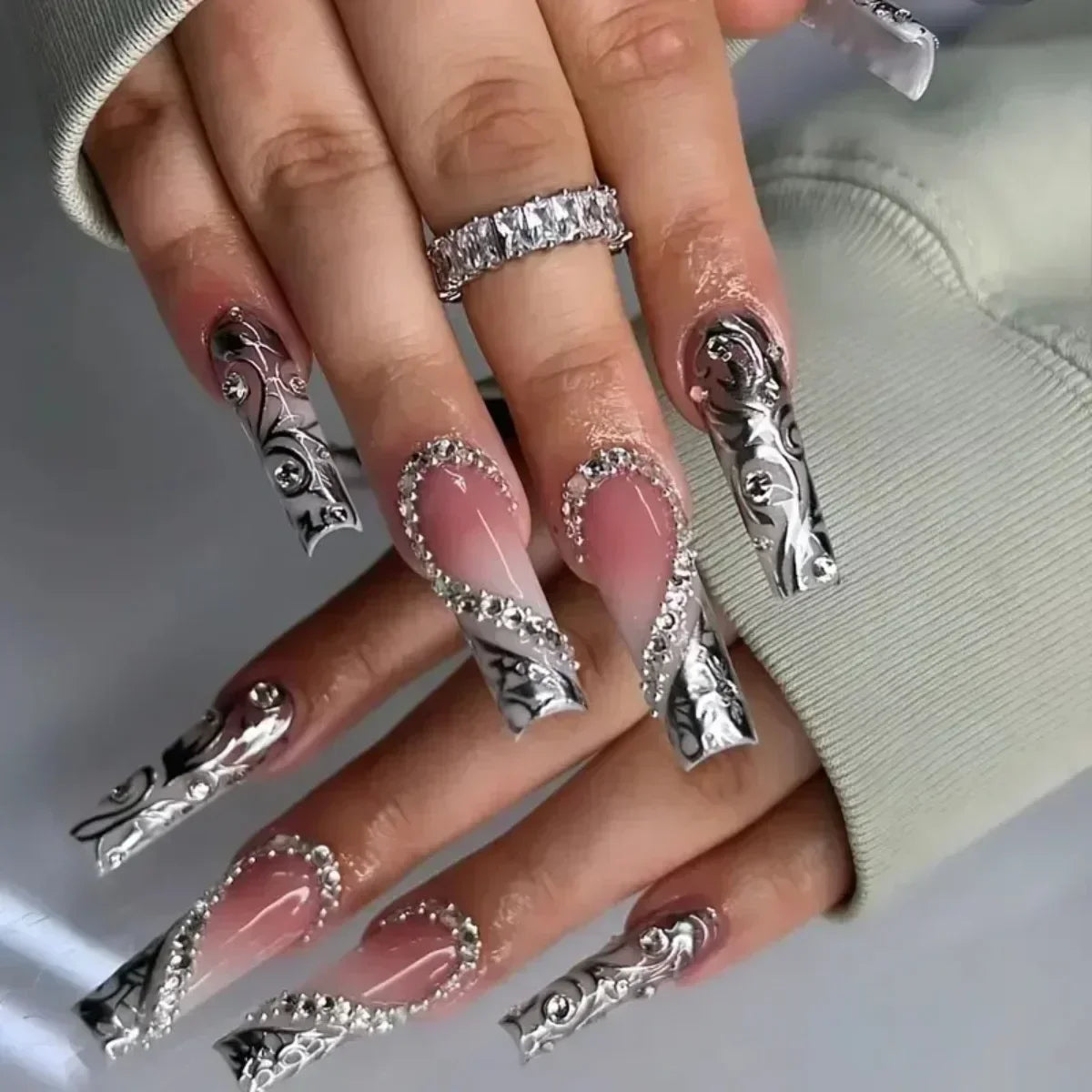 24Pcs Full Cover False Nails with Glue Long Square Coffin Fake Nails French Detachable Ballet Love Pattern Design Press on Nails