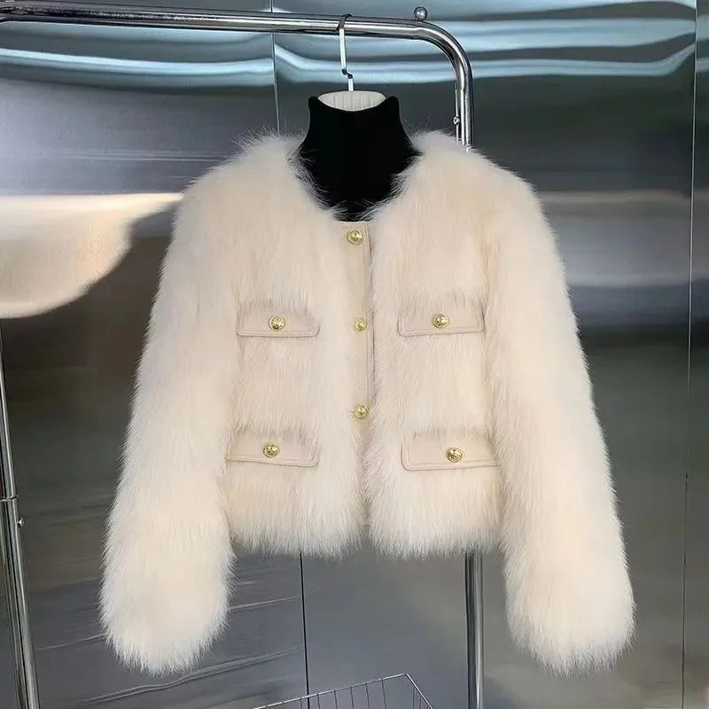 Autumn Winter Short Faux Fur Ladies Coat Round Neck Long Sleeves Fur