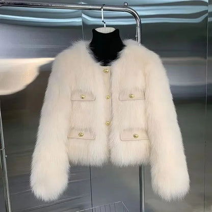 Autumn Winter Short Faux Fur Ladies Coat Round Neck Long Sleeves Fur