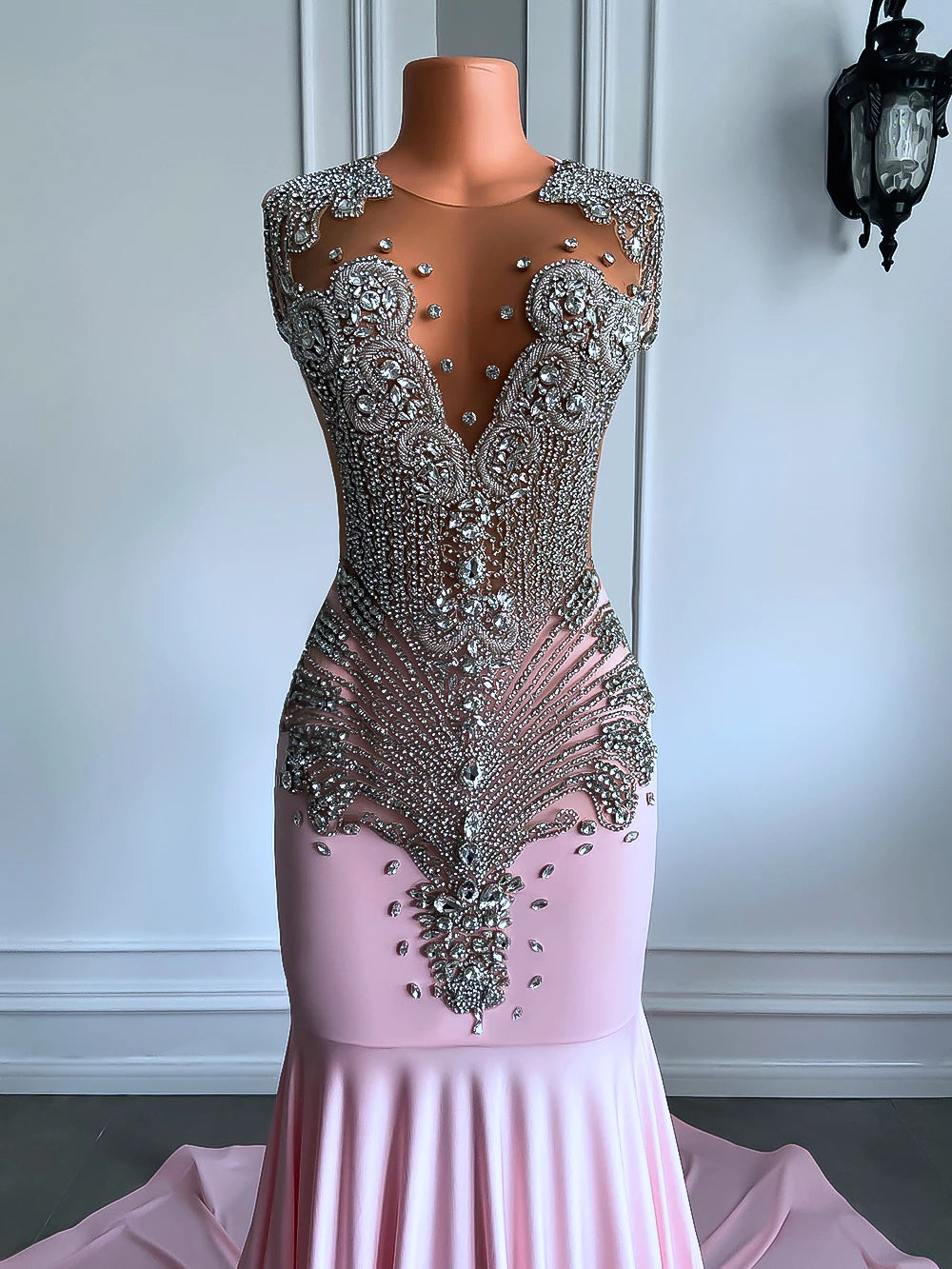 Long Sparkly Sexy Sheer Top Luxury Diamond Light Blue Mermaid Prom Gala Party Gowns