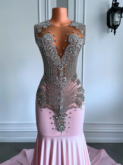 Long Sparkly Sexy Sheer Top Luxury Diamond Light Blue Mermaid Prom Gala Party Gowns