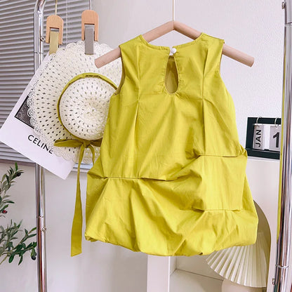 2023 Summer New Arrival Girls Sleeveless O Neck Bow Pink Green Cute Roupa Infantil Menina Cute Party Dress Custume 18M-7T