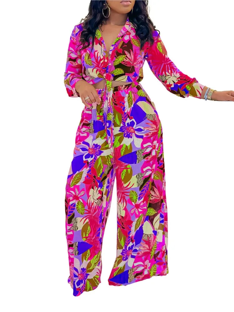 New Long Sleeved Printed Suit For Women Fashion Lapel Single Breasted Shirt Wide Leg Trousers Two Piece Set