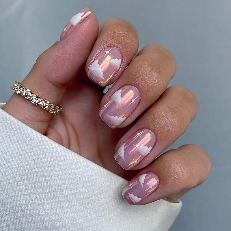24Pcs Short Square Nude Fake Nails Art White Edge Glossy Artificial French False Nails Removable Full Cover Press on Nail Tips