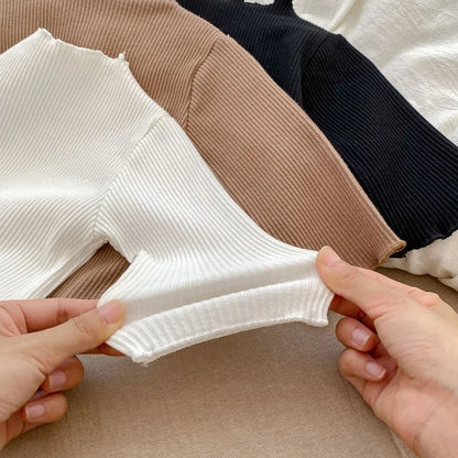 Autumn Baby T-shirt Girl Solid Color Crew Neck Long Sleeve Ribbed