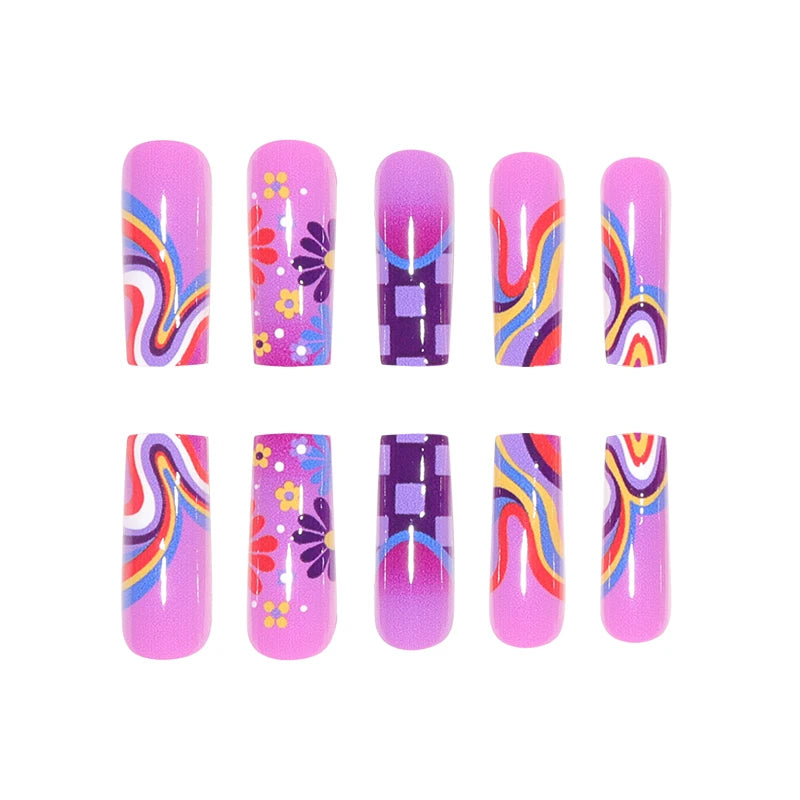 24 Long Coffins with Purple Flower Patterns ABS Full Gloss Fake Nails&1 Nail File and 1 Piece of Jelly Glue