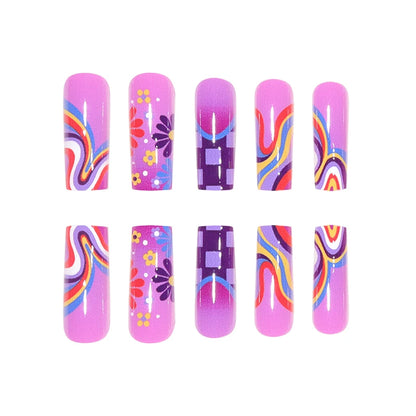 24 Long Coffins with Purple Flower Patterns ABS Full Gloss Fake Nails&1 Nail File and 1 Piece of Jelly Glue