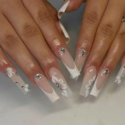 24Pcs False Nails Long Coffin Ballet French with Rhinestones Wearable Fake Nails Blue Flower Full Cover Press on Nails Tips Art