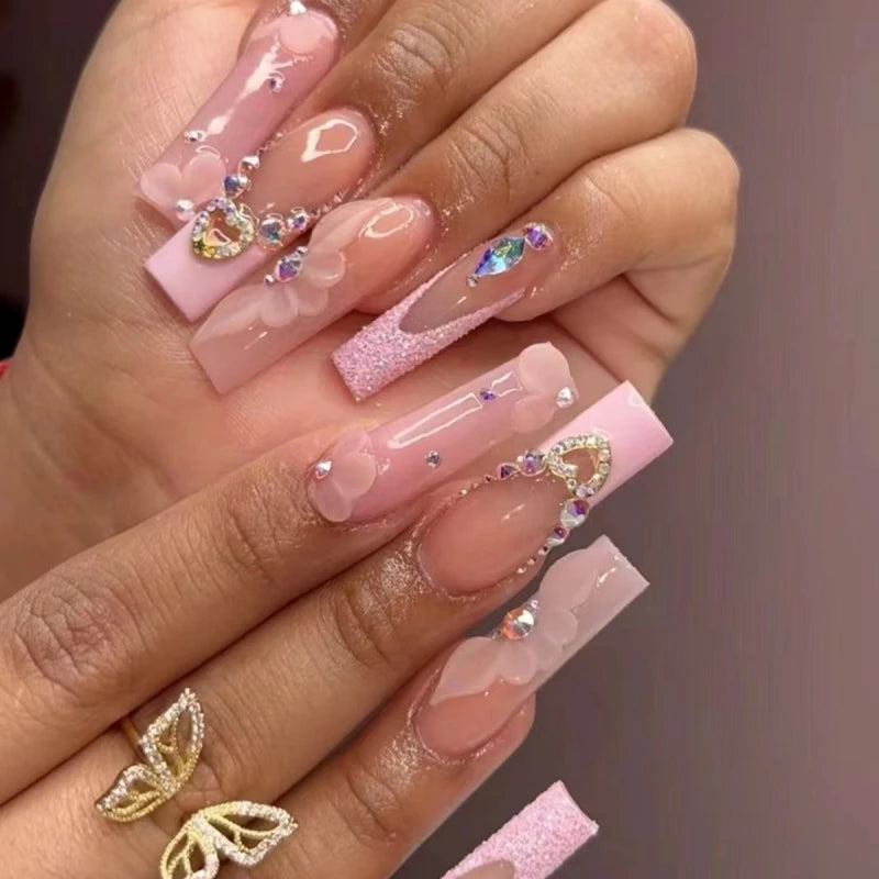 24Pcs Full Cover False Nails With Glue Long Square Coffin Fake Nails French Detachable Ballet Butterfly Pattern Design Press On