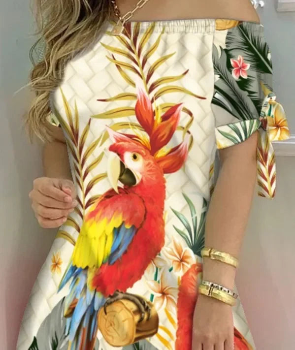 Bow Tie Striped Floral Print 
Dress Off Shoulder Mini