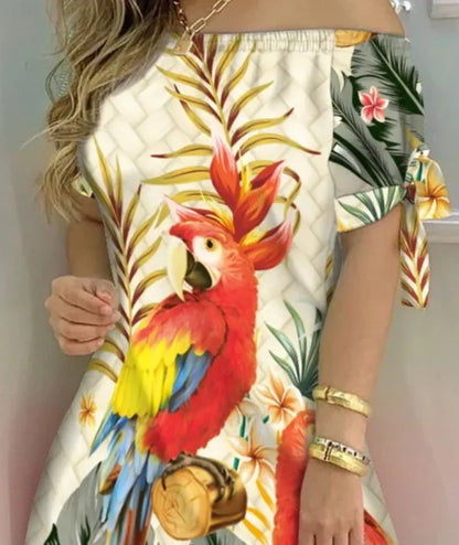 Bow Tie Striped Floral Print 
Dress Off Shoulder Mini