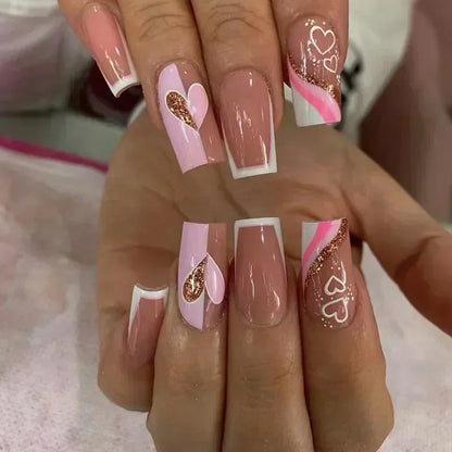 24Pcs Short Square French False Nails with Flower Shiny White Edge Design Pink Glitter Fake Nails Full Cover Press on Nails Tips