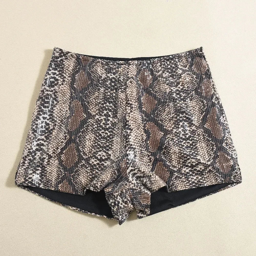 Women Sequined Leopard Print Sexy High Waist Leggings Shorts