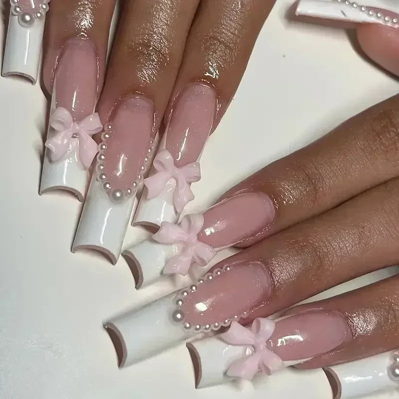 24Pcs Artifical False Nails with Glue Fake Nail Tips with Heart Designs Detachable Press on Nails XLong Finished False Nails tip
