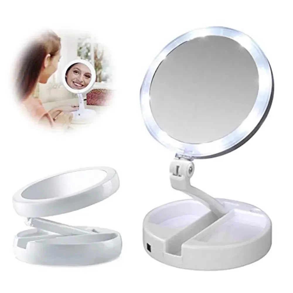 10x Magnifying Makeup Mirror With Light White LED Folding Portable Rotating Double Side Storage Tabletop Batteries USB Charging