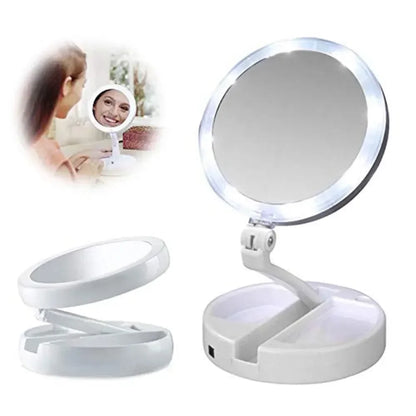 10x Magnifying Makeup Mirror With Light White LED Folding Portable Rotating Double Side Storage Tabletop Batteries USB Charging