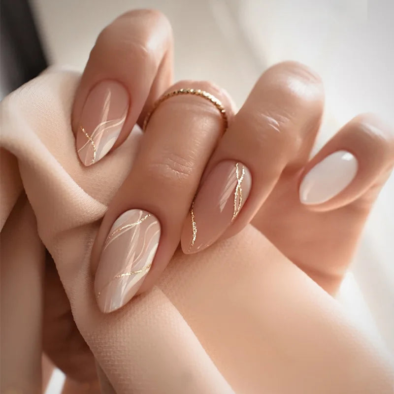 24Pcs Mid-length False Nails with Almond Head Design Brown Gold Lines Fake Nails Oval Wearable French Press on Nail Tips