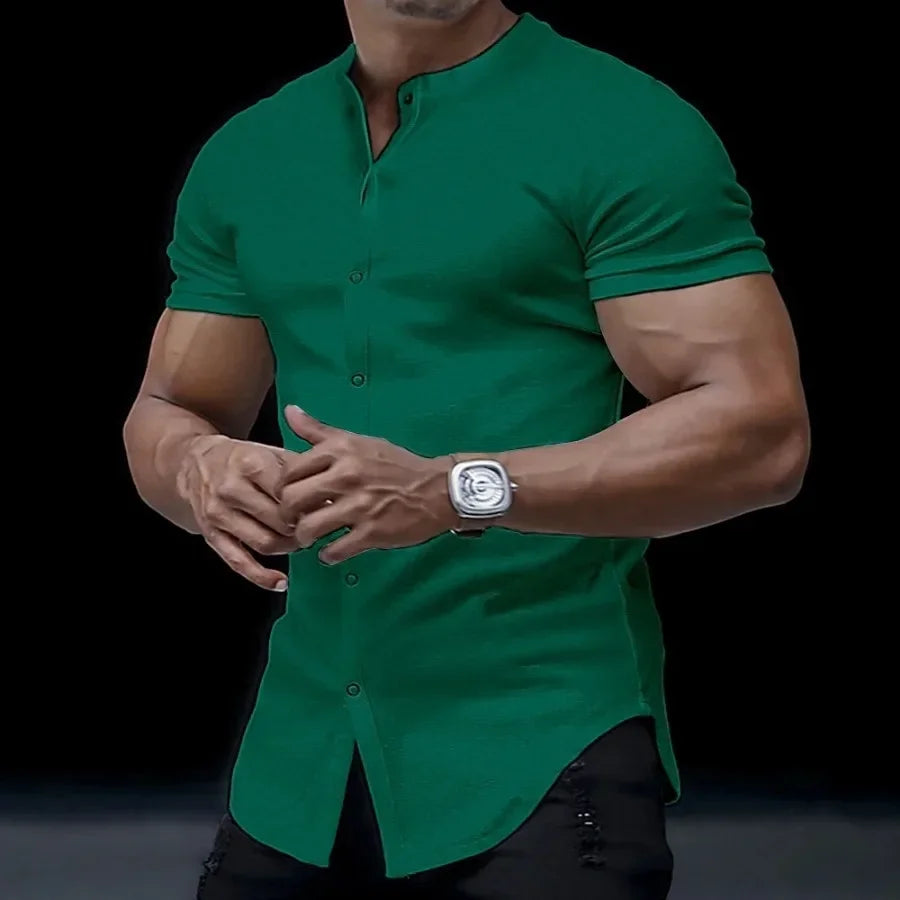 2025 Fashion Men's Stand Collar Short-sleeved Shirts Summer Solid Slim Casual Cardigan Versatile T-shirts Social Blouses for Men