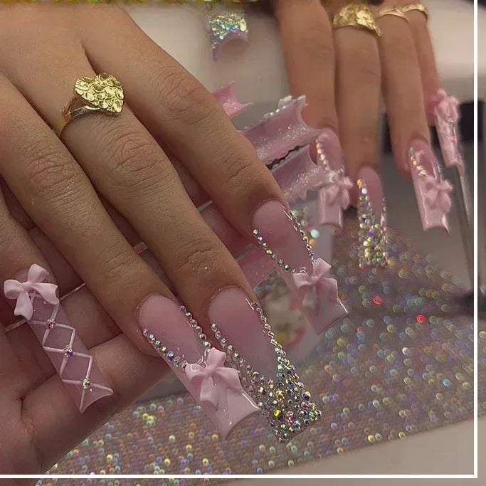 24Pcs Full Cover False Nails with Glue Long Square Coffin Fake Nails French Detachable Ballet Love Pattern Design Press on Nails