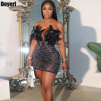 Feathers Rhinestones Backless Diamond Sheer Mesh Bodycon Dress
