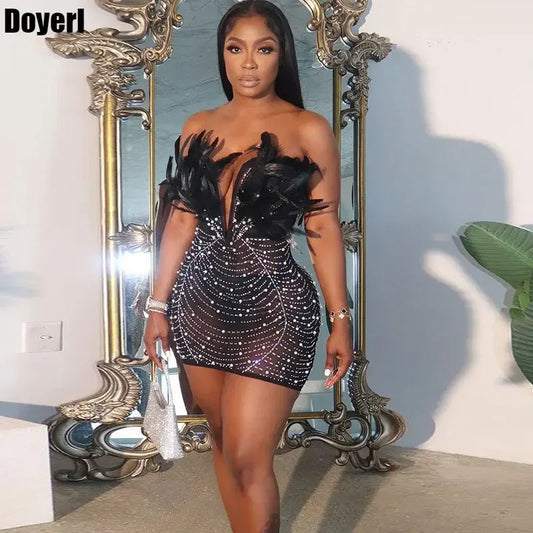 Feathers Rhinestones Backless Diamond Sheer Mesh Bodycon Dress