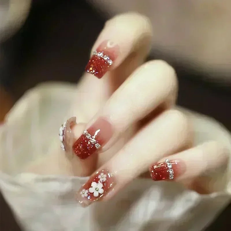 24pcs Detachable Short Press on Nails Y2k rhinestone False Nails with Glue Ballet Sweet Cool Girls Artificial False Nails Tips