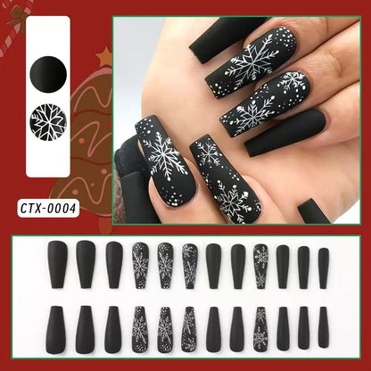 24pcs Glossy Short Ballet Fake Nails Christmas Red Press On Nails With White Snowflake Stripe Design Glitter French False Nails*