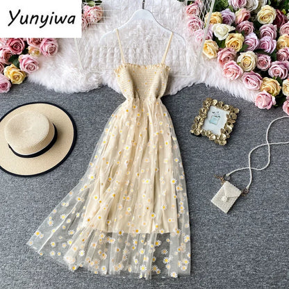 Women daisy Print Dresses Summer Sexy Lace Mesh Dress Spaghetti Strap Ruched Floral