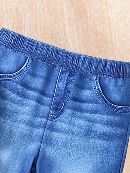 2-piece Spring/Fall Girls Fashion Casual Suit Purple round neck cartoon girl print puffy sleeve top + blue stretch slim pants