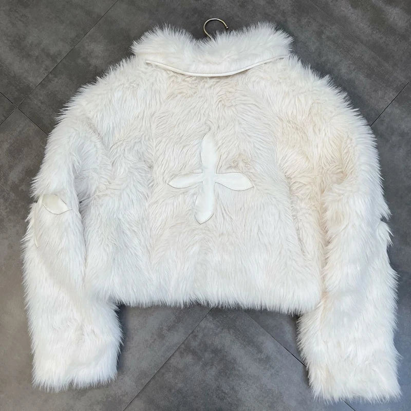Winter Women Cotton Jacket Lapel Long Sleeve Patch Cross Short Fur Coat Black