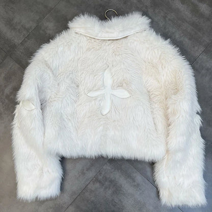 Winter Women Cotton Jacket Lapel Long Sleeve Patch Cross Short Fur Coat Black