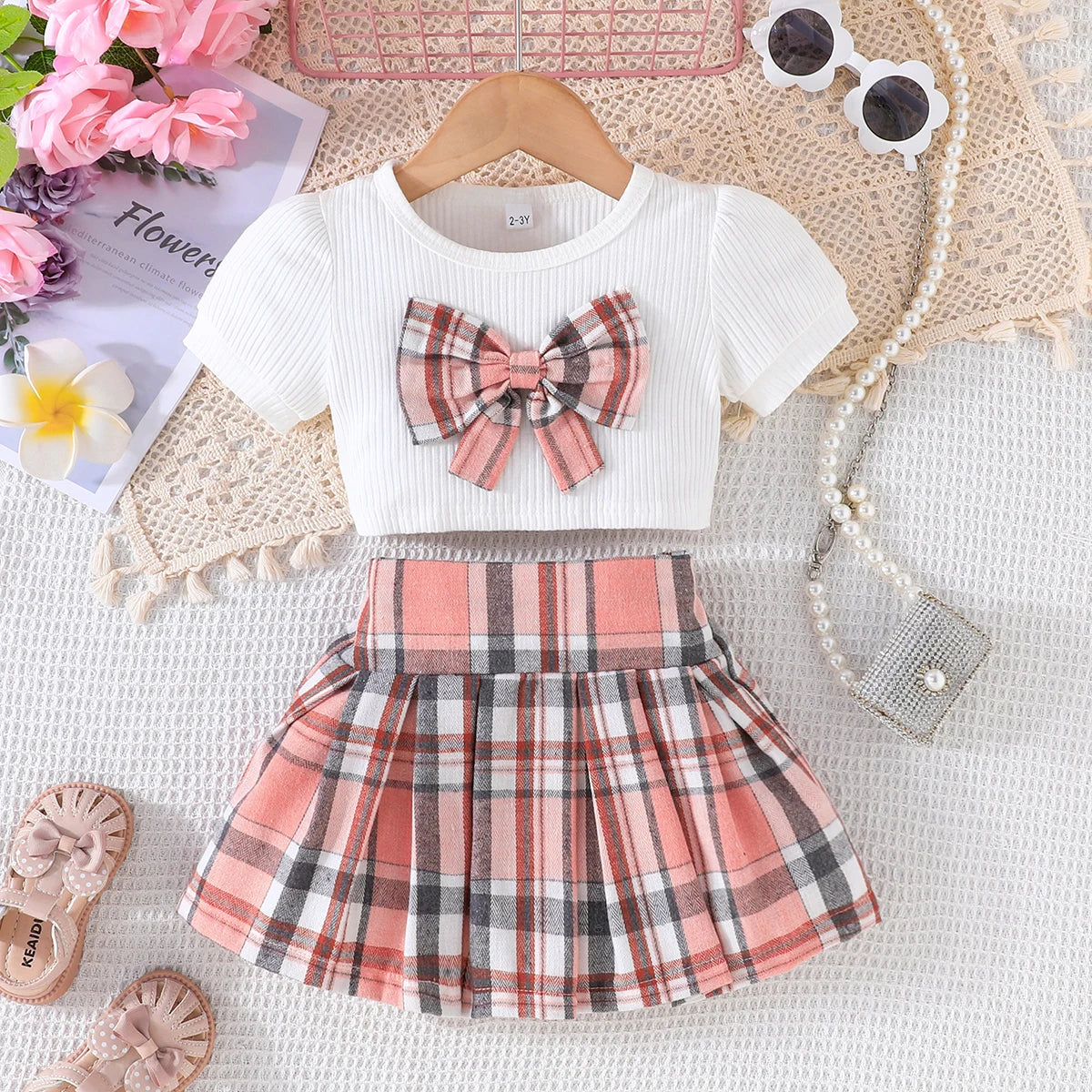 Puff Sleeve Bow Top and Elastic Pleated Skirt Summer Outfit Toddler Infant Clothing Set Kids Wear