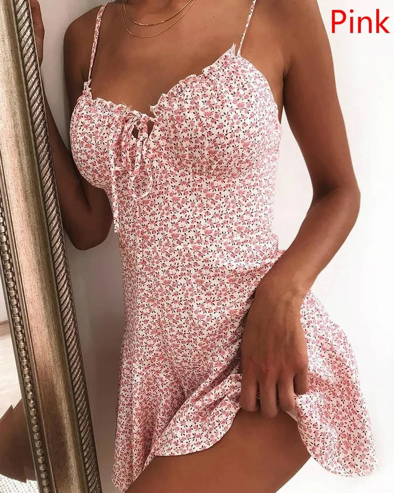 Spaghetti Strap Floral Print Tie Front Mini Dress