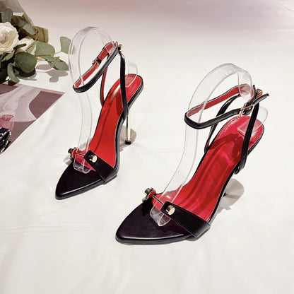 Aneikeh Fashion Pointed Toe High Heels Designer Sandals Thin Heel Metal T-Head Rivet Stripe Narrow Band Ankle Strap Sandalia